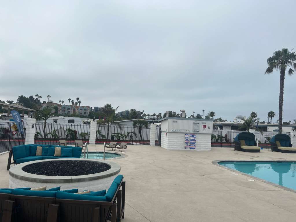 The pool and fire at the Oceanside RV Park
