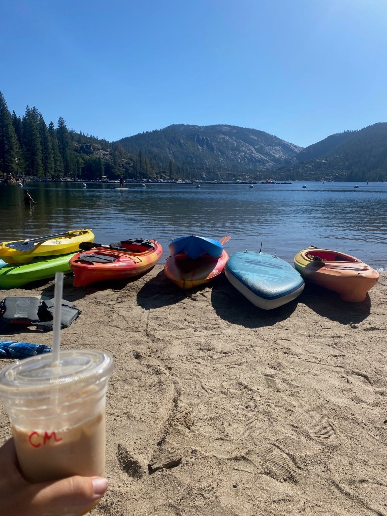 Drinking coffee from the Pinecrest resort at Pinecrest Lake