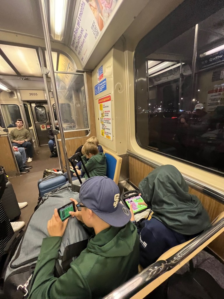 Riding on the L in Chicago from the airport to our hotel downtown.