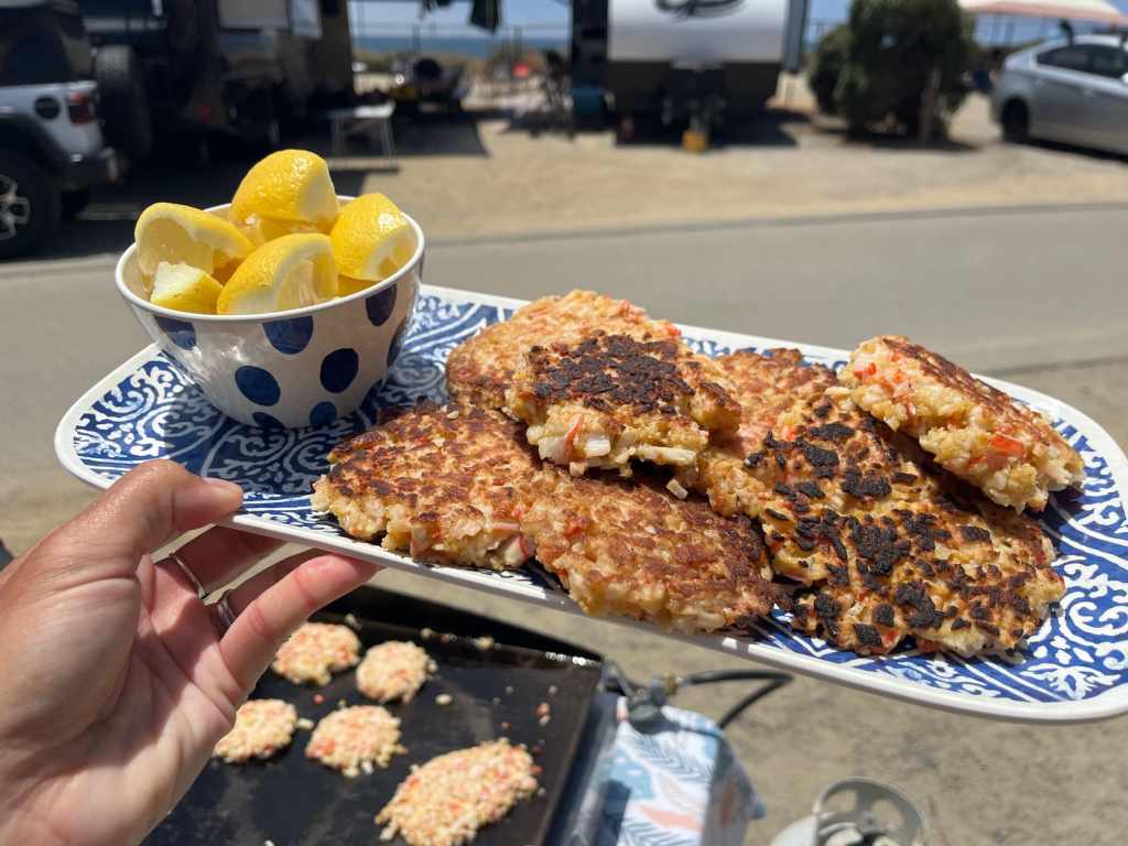 Crab cakes are a fancy camping treat--not one of my go-to easy camping meals.