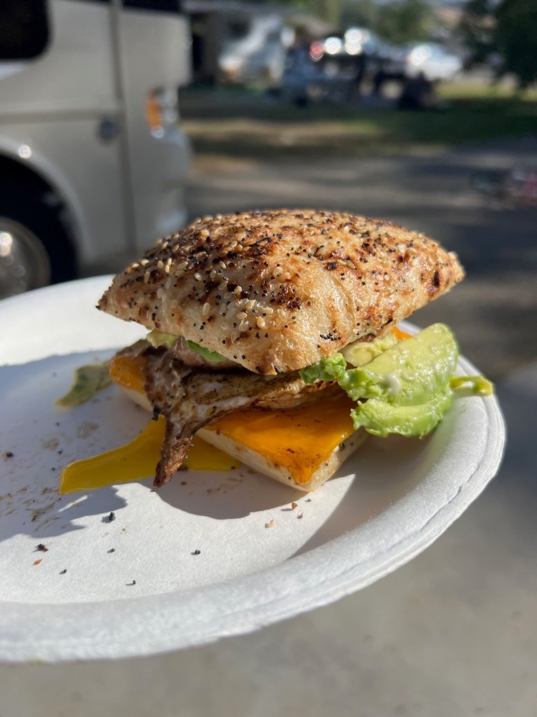 A delicious breakfast sandwich is actually a very easy camping meal