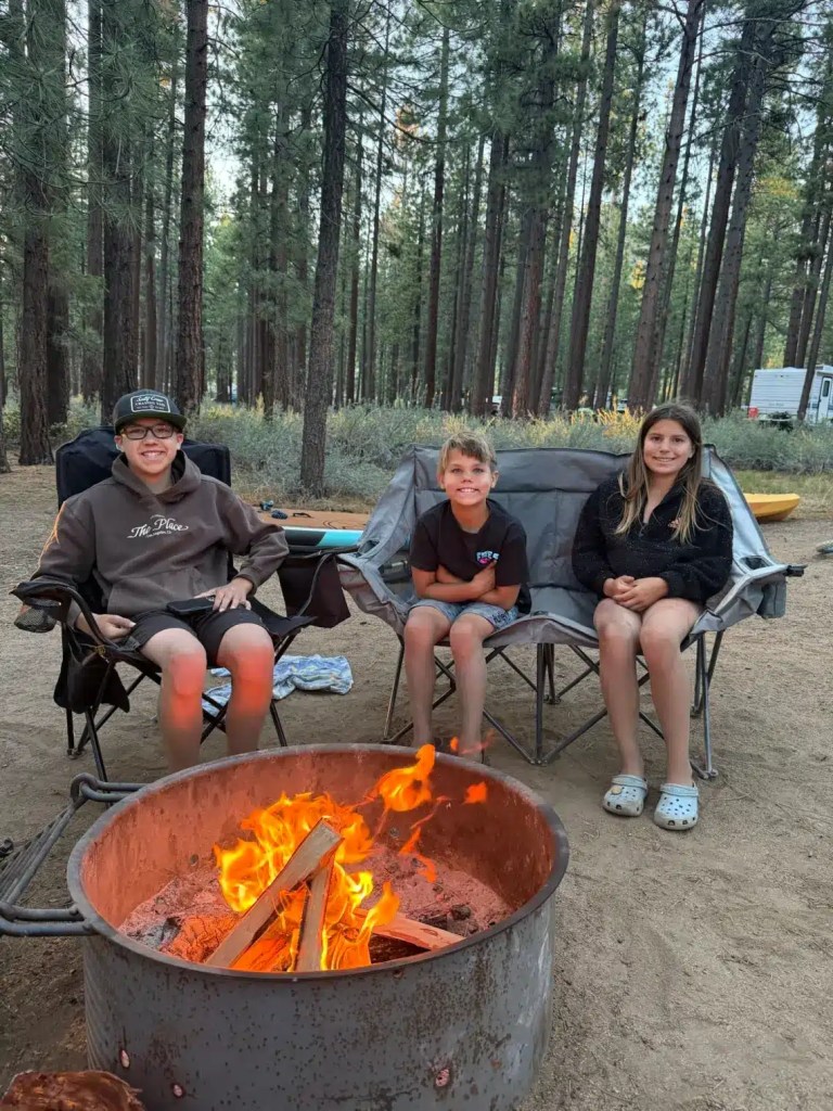 A campfire at Nevada Beach campground