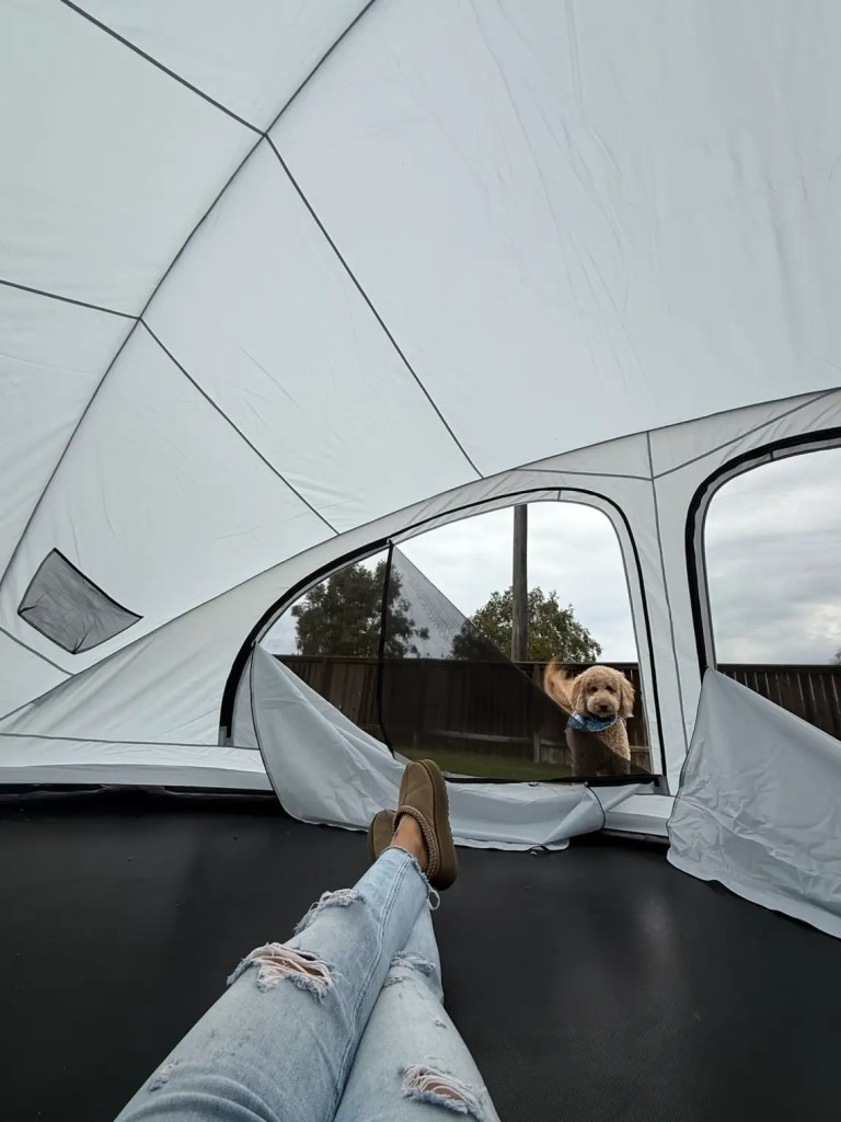 Inside a dome attachment for a trampoline, showing a person reclining with their legs stretched out, wearing denim jeans and loafers, while a dog with a bandana peeks inside from the entrance.