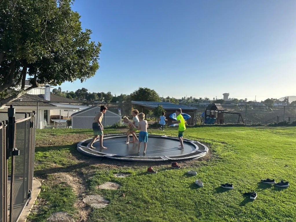 Children playing on an in-ground trampoline in a backyard on a sunny day.