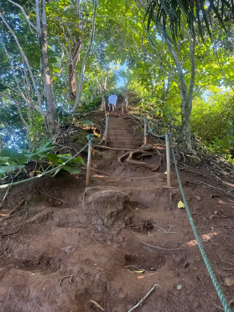 A steep, uneven hiking trail leading up through lush greenery, with wooden steps and ropes for support, leading to Hideaway Beach in Kauai.