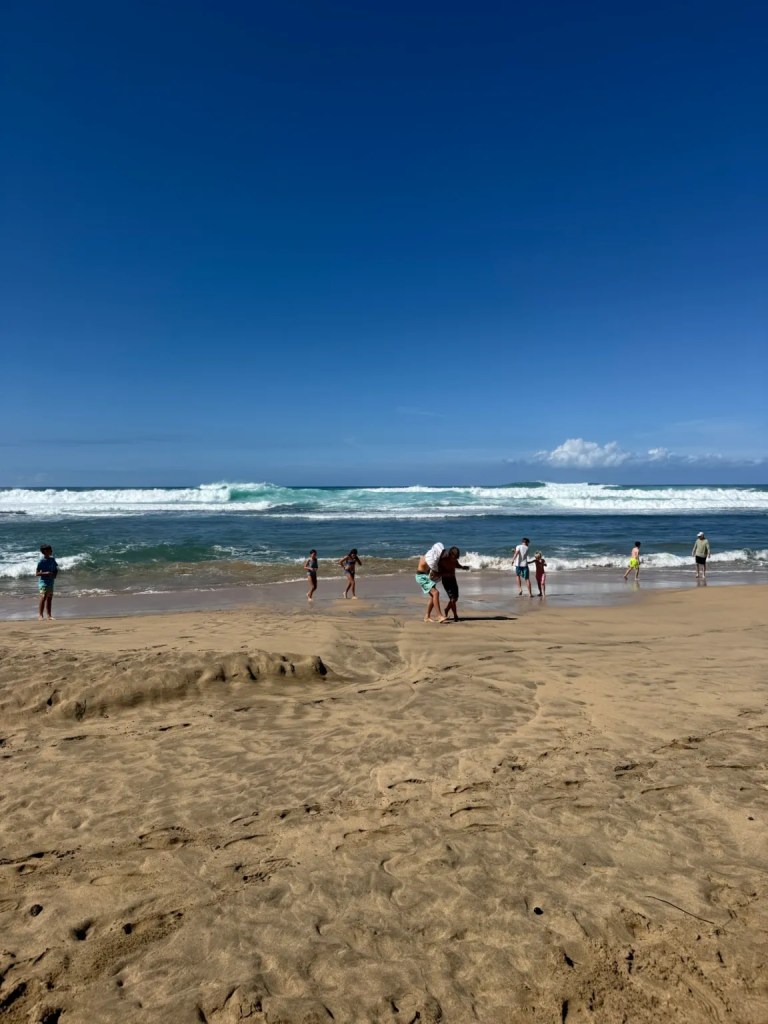 A sandy beach with several people enjoying the water on a sunny day, with waves crashing in the background and a clear blue sky.