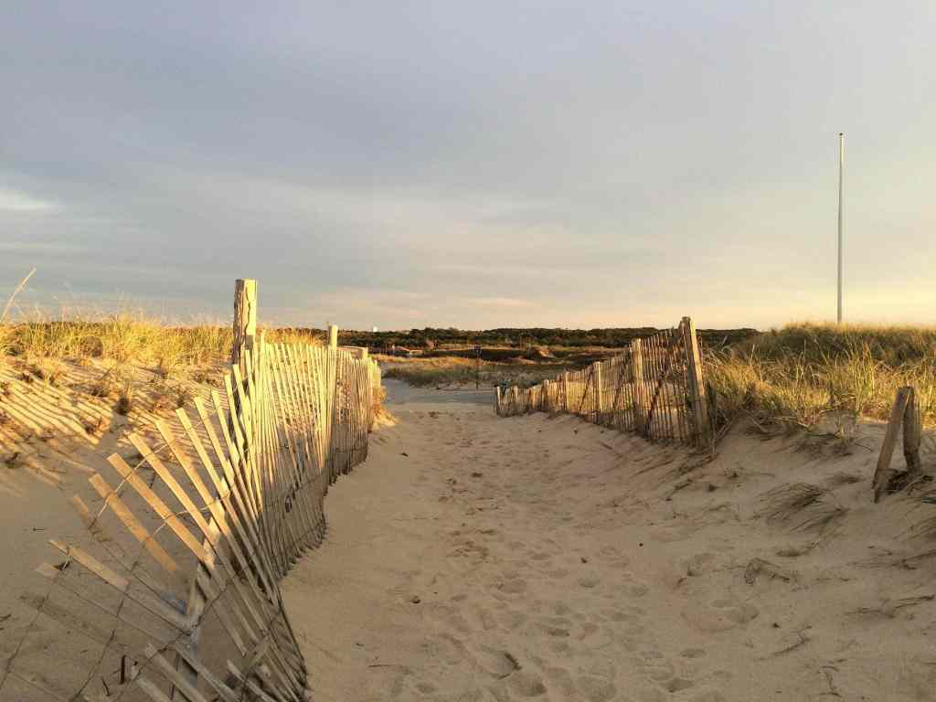 A sandy path leading to a beach, framed by tall grass and wooden fencing, with a cloudy sky in the background.