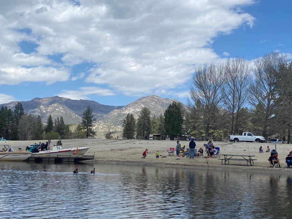 A scenic view of a lakeside beach with people enjoying various activities, including fishing and picnicking, surrounded by trees and mountains under a partly cloudy sky.