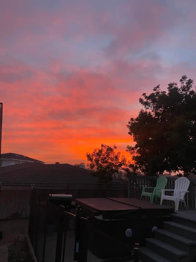 A vibrant winter sunset in San Diego, showcasing a colorful sky with orange and pink hues, behind rooftops and a tree, with outdoor furniture visible in the foreground.
