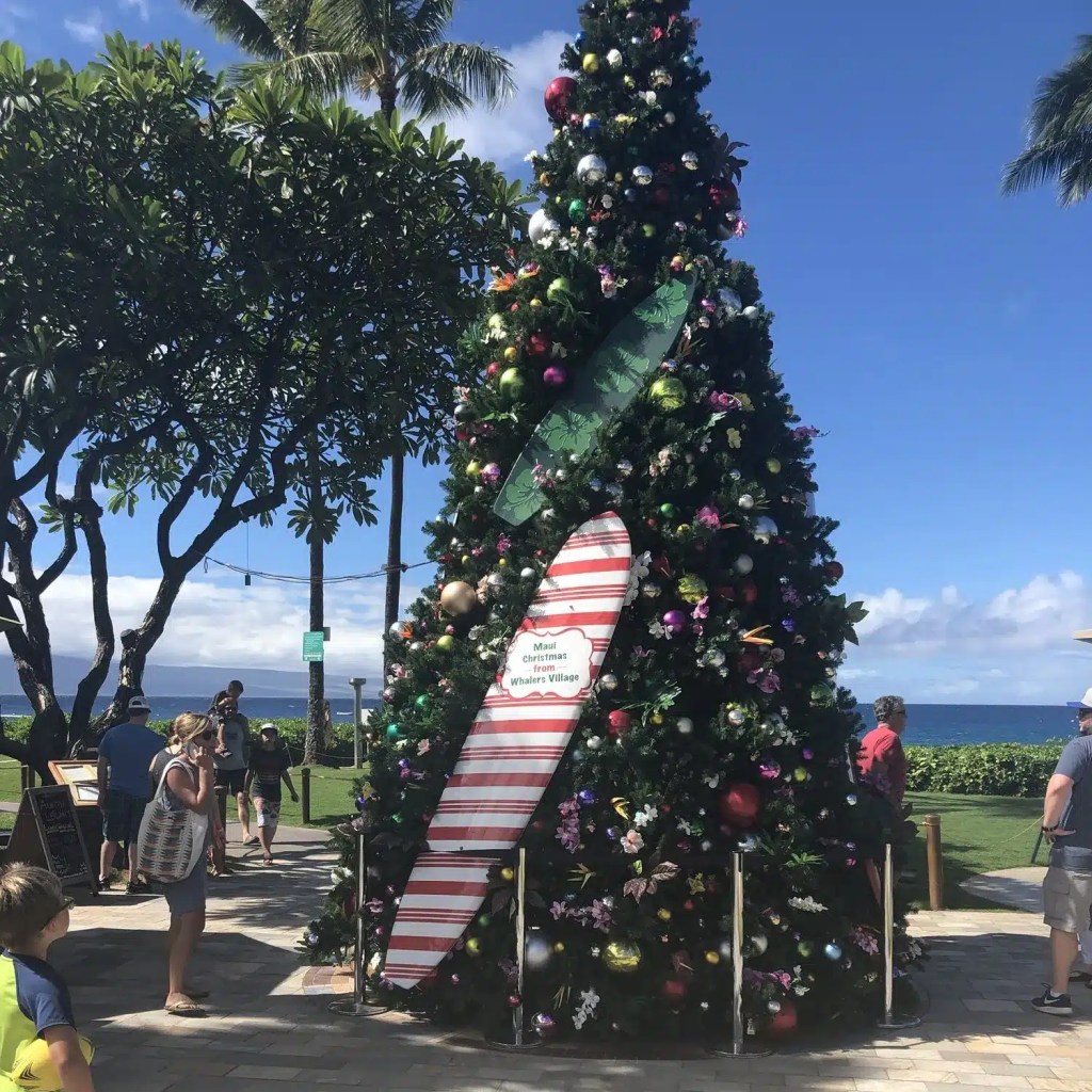 A Christmas tree decorated with colorful ornaments and flowers, featuring surfboards at the base, set against a tropical landscape with palm trees and the ocean in the background. One of the countries that are warm in December.