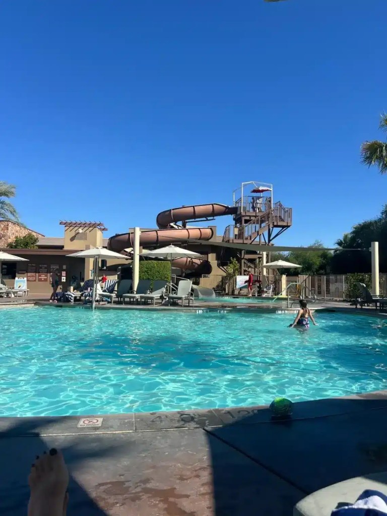 A waterslide and pool at one of the waterpark hotels in Palm Springs, Ca.