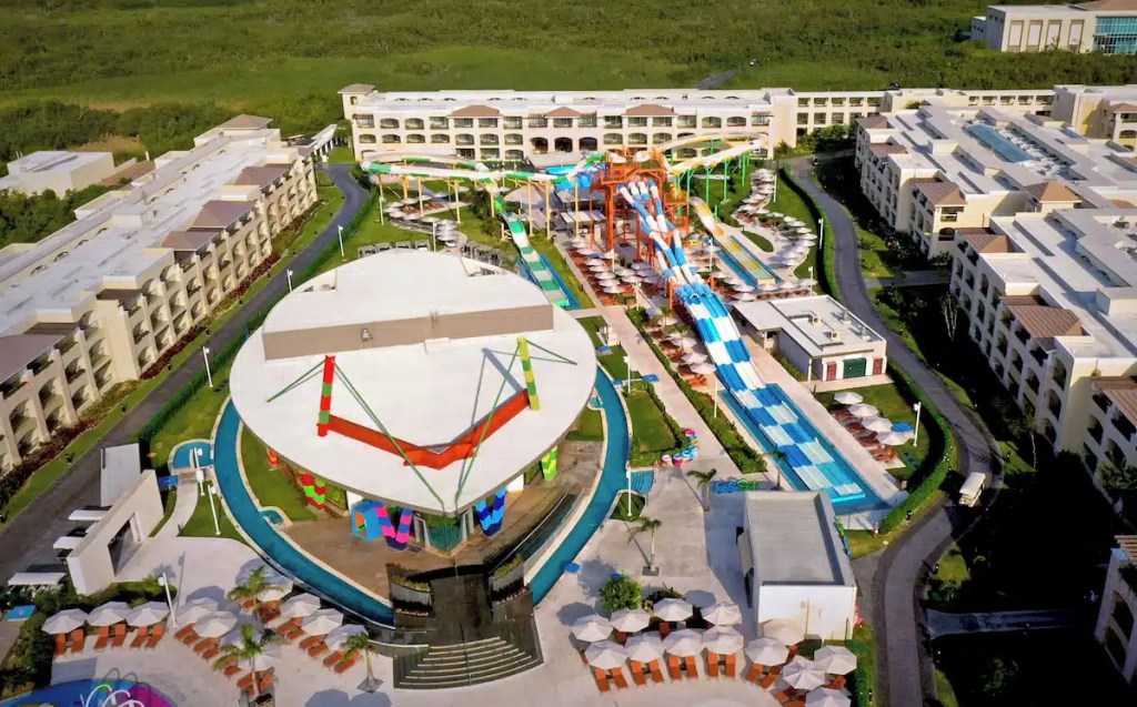 Waterslides and hotel rools at one of the Cancun resorts with waterparks