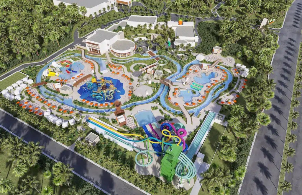 An aerial view showing waterslides and a lazy river at one of the best waterpark resorts in Cancun