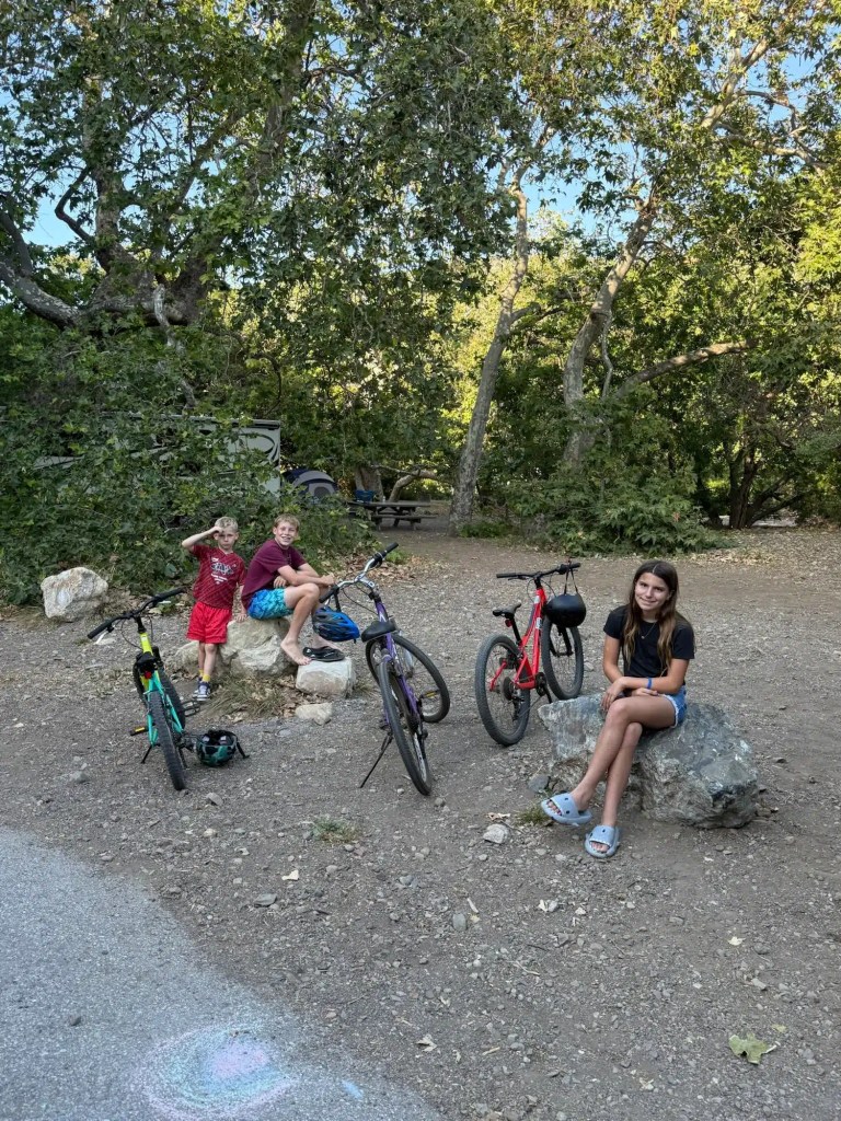 img_2982 Three children sitting on rocks next to their bicycles at a wooded campsite at Leo Carrillo campground.