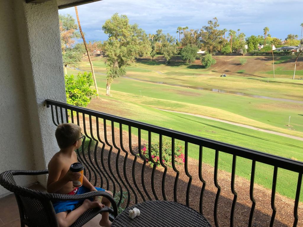 A golf course view from our balcony at the Omni Rancho Las Palmas Palm Springs