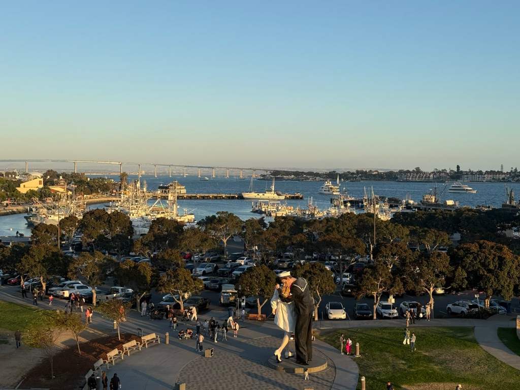 A beautiful view of the San Diego harbor with boats and the Coronado Bridge in the background