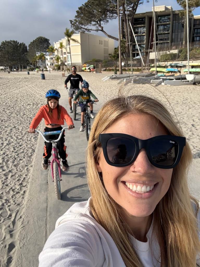 A family on bikes in Mission Bay, San Diego