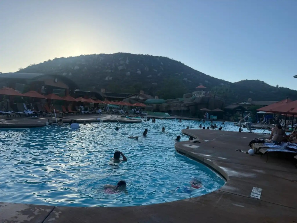 A swimming pool at the Lawrence Welk Resort in San Diego
